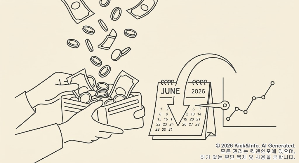 2026년 6월 민생지원금 지급 예상 시점을 나타내는 캘린더와 지갑 일러스트