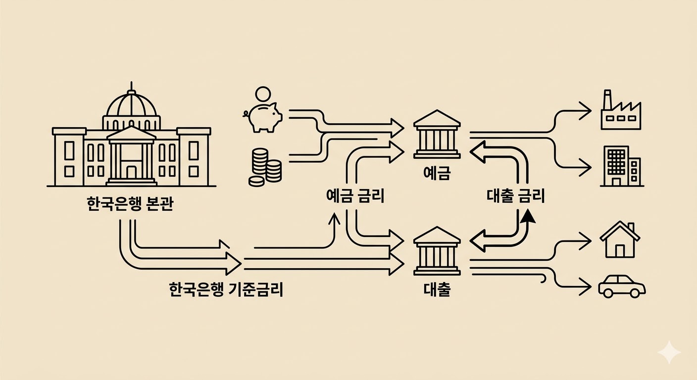 한국은행 기준금리와 예금 및 대출 금리 산정 구조를 나타낸 미니멀 라인아트 일러스트