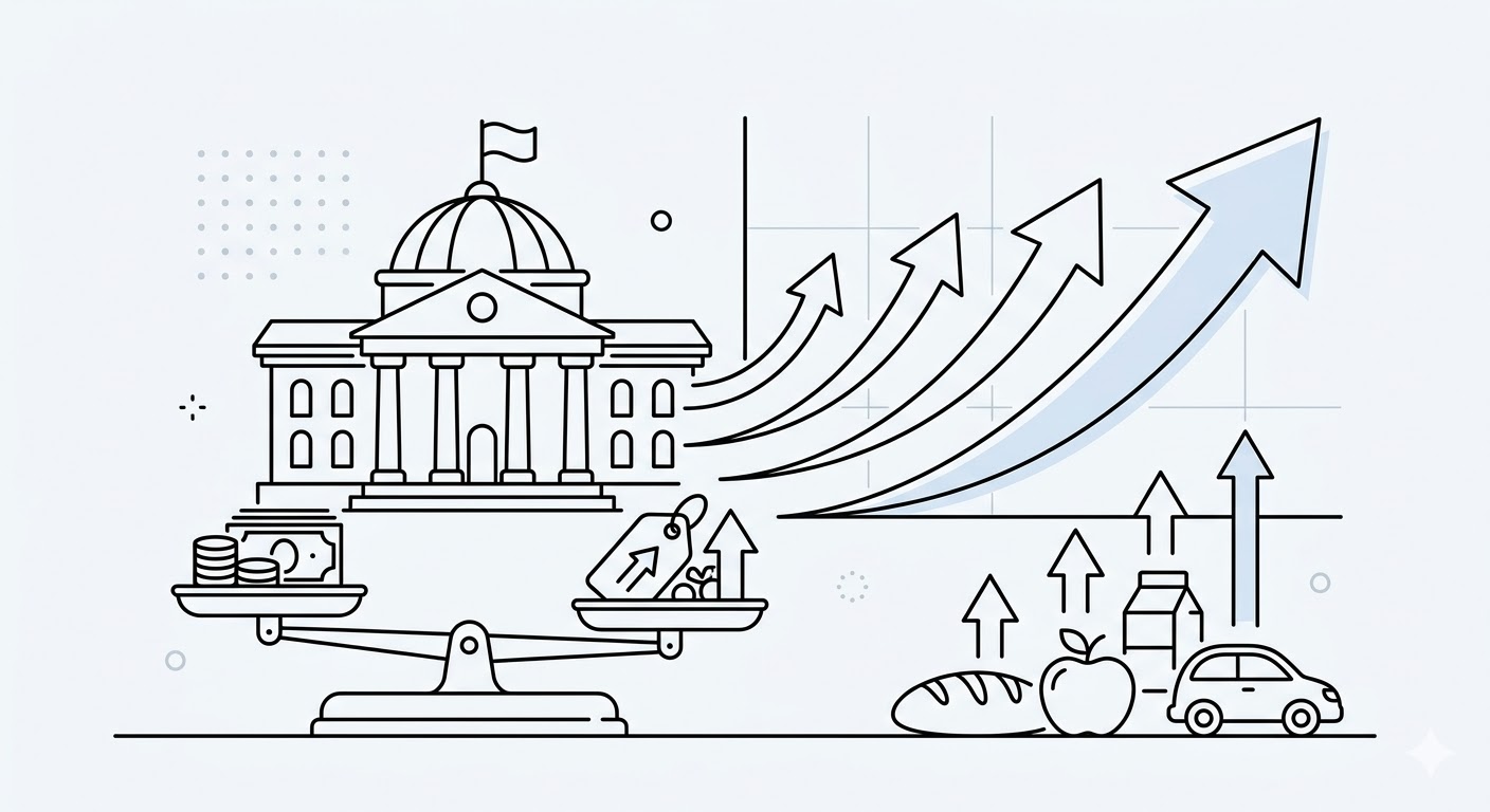 중앙은행 인플레이션과 통화정책 관계 - 저울과 물가 상승 라인아트 일러스트