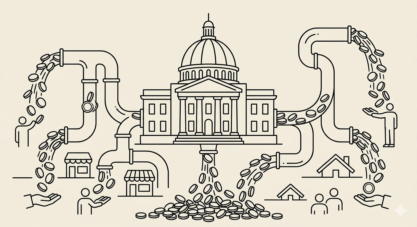 양적완화 개념도. 중앙에 위치한 중앙은행 건물로부터 여러 갈래의 파이프라인이 뻗어 나와 시중의 상점, 가계, 개인들에게 동전(유동성)을 쏟아붓는 모습을 형상화했습니다. 텍스트 없이 간결한 선으로 통화 공급 메커니즘을 묘사하고 있습니다.