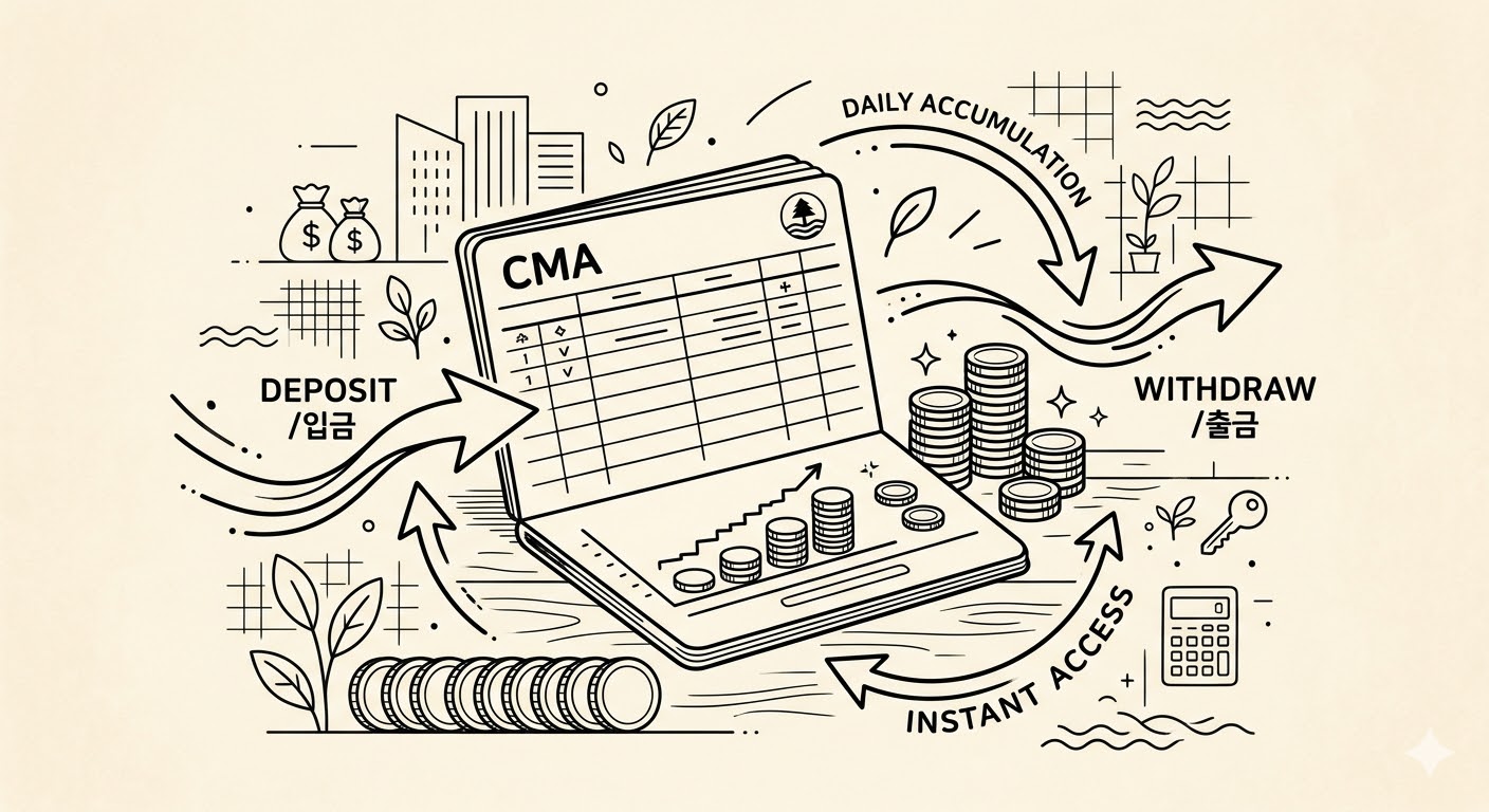 CMA 통장 입출금과 일일 이자 적립 구조 라인아트 일러스트