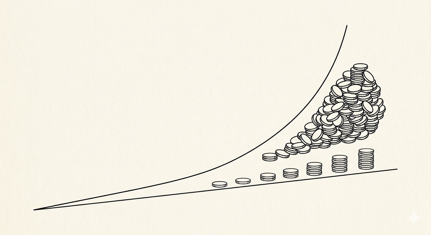 "크림 베이지 배경 위에 흑백 라인아트로 표현된 복리와 단리의 비교 일러스트. 아래쪽에는 완만한 직선을 따라 동전이 일정하게 쌓여가는 단리 그래프가 있고, 위쪽에는 가파른 곡선을 그리며 동전이 눈덩이처럼 거대하게 불어나는 복리 그래프가 시각적으로 대비되어 표현되어 있습니다."