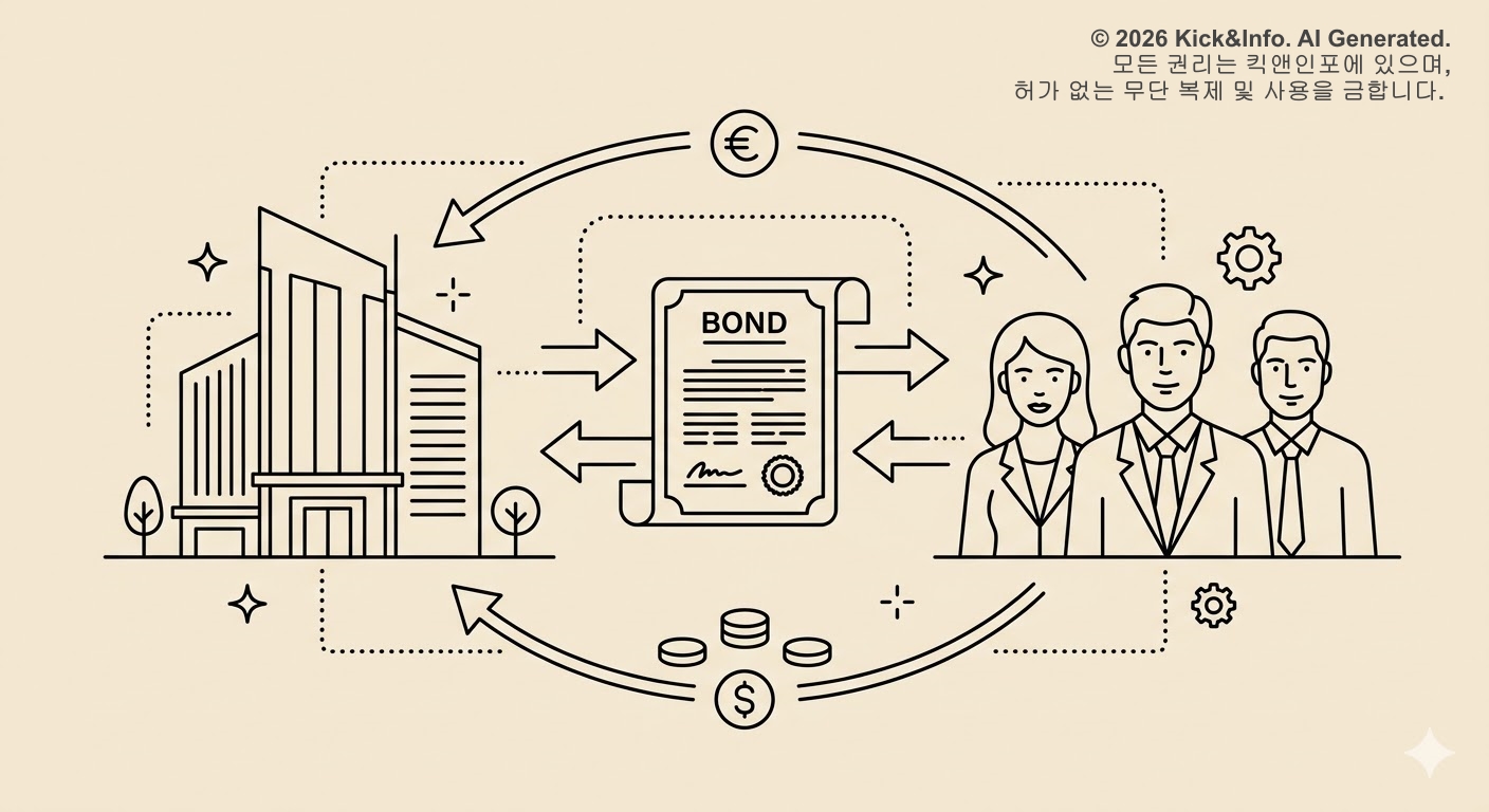기업 건물과 투자자 사이에서 회사채 문서와 자금이 오가는 과정을 시각화한 미니멀 라인아트 일러스트