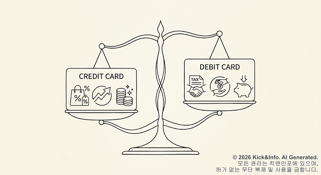 신용카드와 체크카드의 장단점을 비교하는 미니멀 라인아트 일러스트입니다. 저울 위에 두 장의 카드가 놓여 있으며, 각 카드 위에는 소비 패턴에 따른 혜택과 위험성을 나타내는 직관적인 아이콘들이 그려져 있습니다. 예를 들어, 신용카드 위에는 쇼핑백과 그래프, 체크카드 위에는 돼지 저금통과 현금 아이콘이 있습니다. 전체적으로 깔끔하고 직관적인 디자인을 통해 사용자가 소비 성향에 맞는 카드를 선택하는 데 도움을 줍니다.