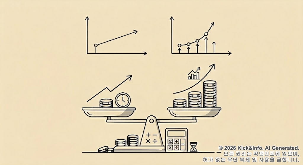 예금 이자 계산 구조의 차이를 비교하는 미니멀 라인아트 다이어그램. 저울의 왼쪽은 예치 기간과 타이밍에 따른 단리 성장을, 오른쪽은 복리 성장을 보여주며 동전 더미 높이로 최종 수익 차이를 시각화했습니다.