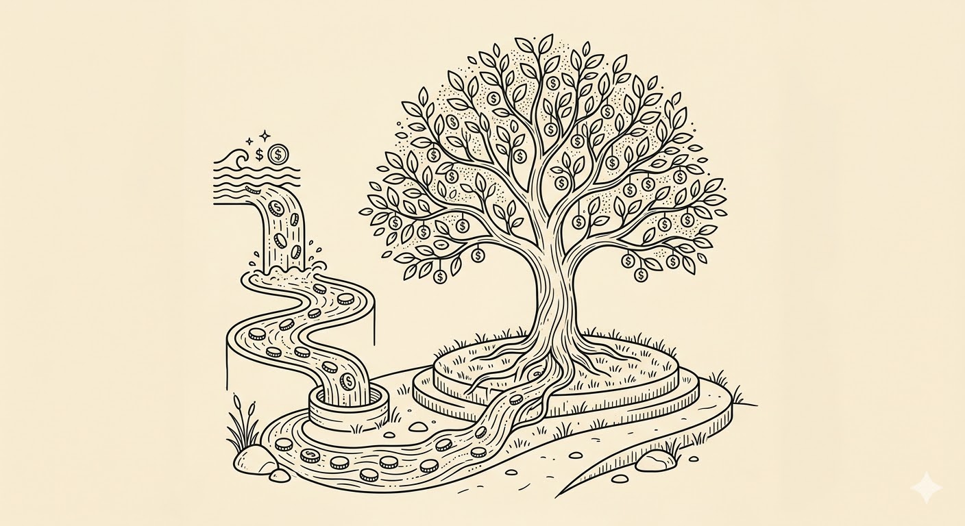 배당주 장기투자 현금흐름과 성장 - 동전 물줄기와 나무 라인아트 일러스트