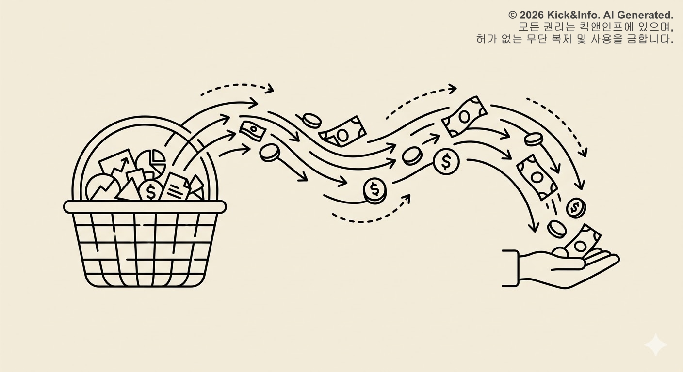 크림 베이지 배경 위에 검은색 선으로 그려진 미니멀한 라인아트 일러스트. 왼쪽의 ETF 바구니에서 동전과 지폐가 화살표를 따라 오른쪽의 투자자 손으로 정기적으로 흘러 들어가는 배당금 지급 구조를 시각화한 모습.