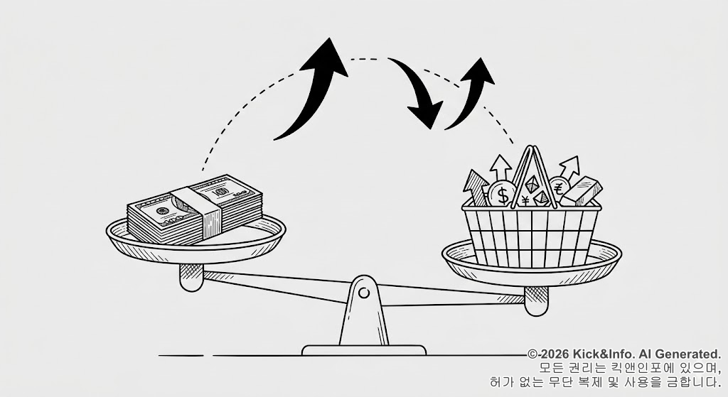 라이트그레이 배경 위에 흑백 미니멀 라인아트로 그려진 저울 그림입니다. 저울의 왼쪽 접시에는 묶음으로 된 달러 지폐가 놓여 있고, 오른쪽 접시에는 달러($), 유로(€), 엔(¥) 기호와 금괴, 상승 화살표가 담긴 ETF 쇼핑바구니가 놓여 있습니다. 저울 위쪽으로는 두 상품의 세금 차이를 상징하는 곡선 형태의 화살표들이 그려져 있습니다.