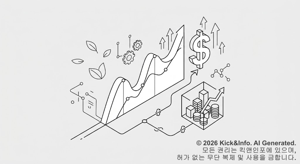 라이트그레이 배경에 흑백 미니멀 라인아트로 표현된 달러 ETF 투자 구조 일러스트. 상승하는 환율 변동 차트와 달러($) 기호, 그리고 자산이 담긴 ETF 바구니가 유기적으로 연결된 모습.