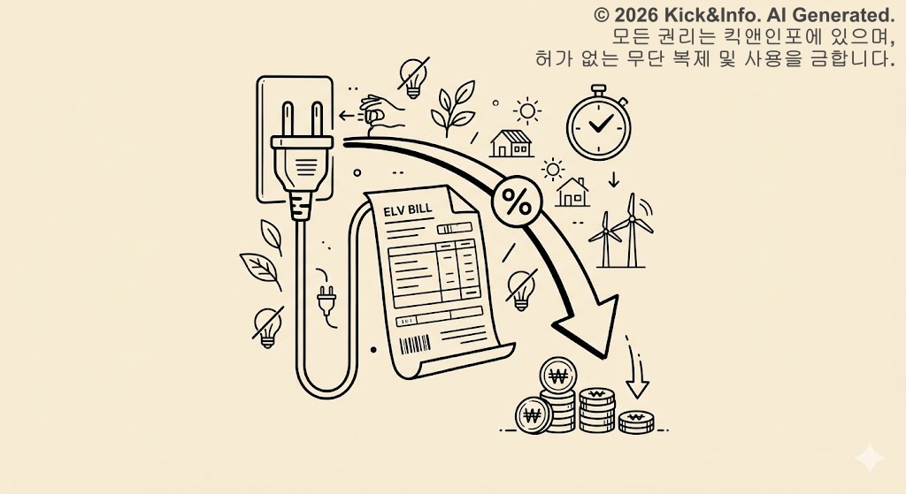 전기 플러그와 고지서에서 요금이 줄어드는 것을 시각화한 미니멀 흑백 라인아트 일러스트레이션입니다. 전력을 아끼는 아이콘들(전구, 풍력 발전, 시계, 잎사귀)과 함께 하락하는 화살표가 그려져 있어 전기요금 할인 및 절약 개념을 직관적으로 보여줍니다.