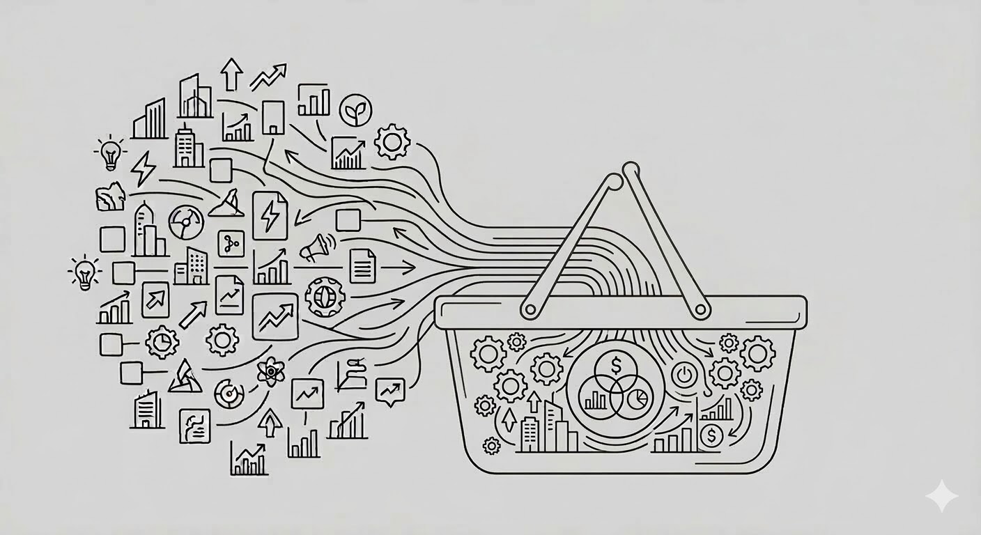 ETF 생성 구조 - 개별 주식이 바구니로 모이는 라인아트 일러스트