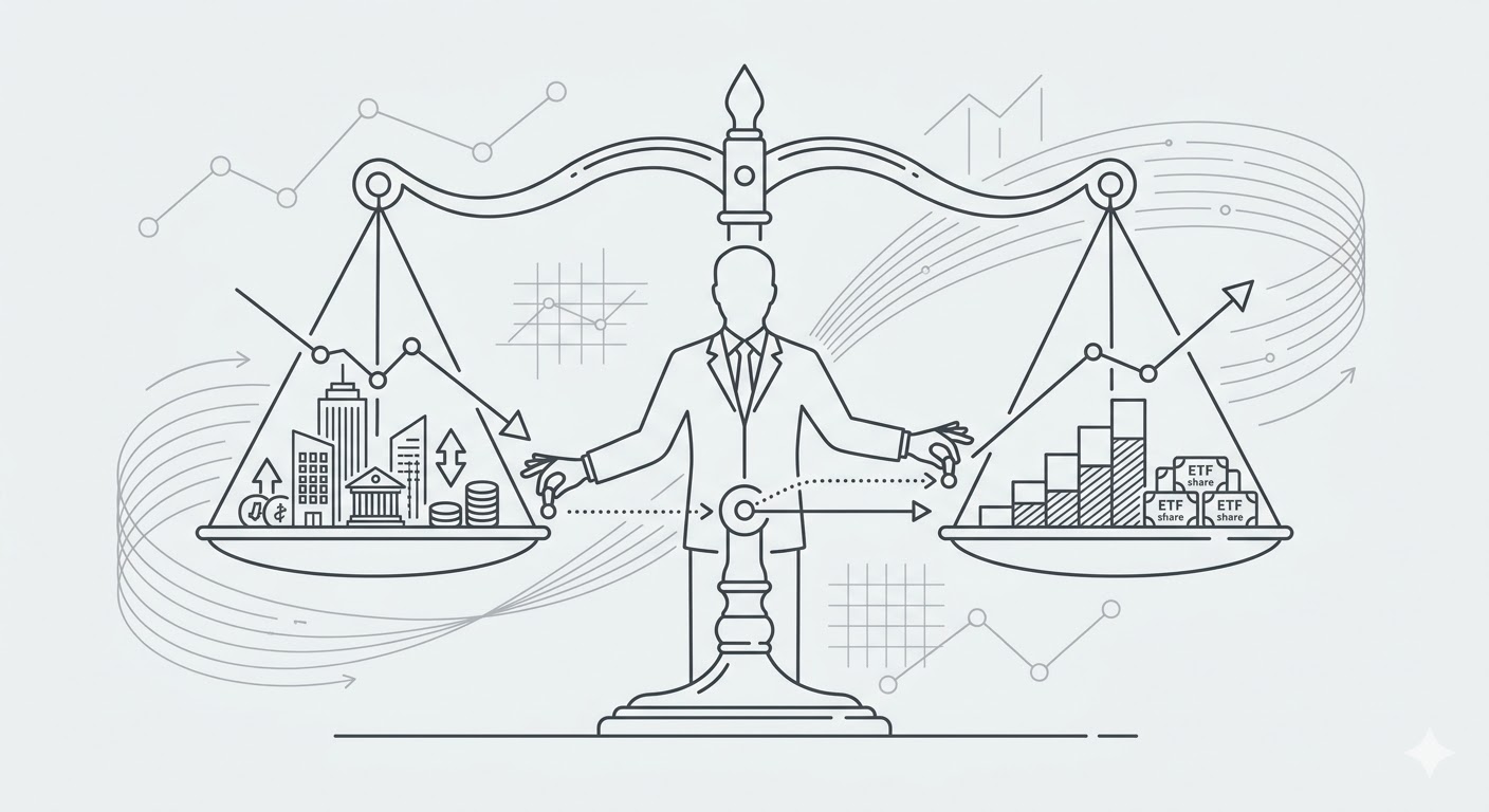 ETF 가격 조정과 유동성 공급자 역할 - 저울과 운용자 라인아트 일러스트
