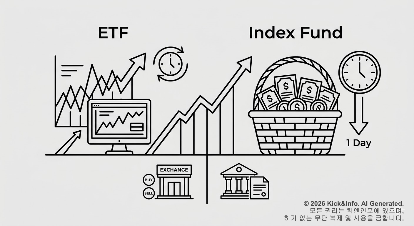 왼쪽에는 실시간 주식 차트와 모니터 아이콘으로 표현된 ETF가, 오른쪽에는 화폐가 담긴 바구니와 시계 아이콘으로 표현된 인덱스펀드가 대비를 이루며 하나의 시장 지수 그래프를 공유하는 미니멀한 흑백 라인아트 일러스트레이션입니다.