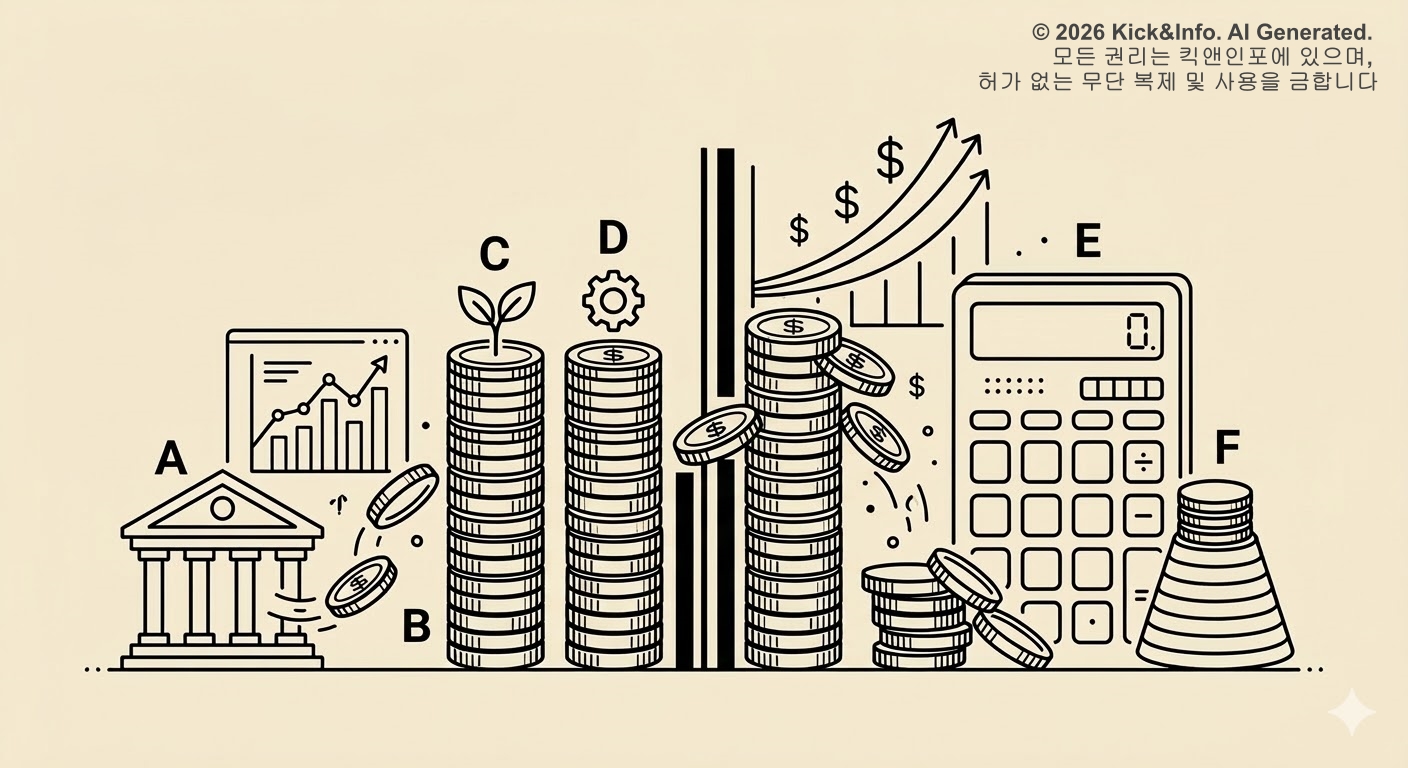 금융소득 종합과세를 상징하는 이자와 배당금 동전 더미가 과세 기준선을 넘어서는 구조를 나타낸 미니멀 라인아트 일러스트