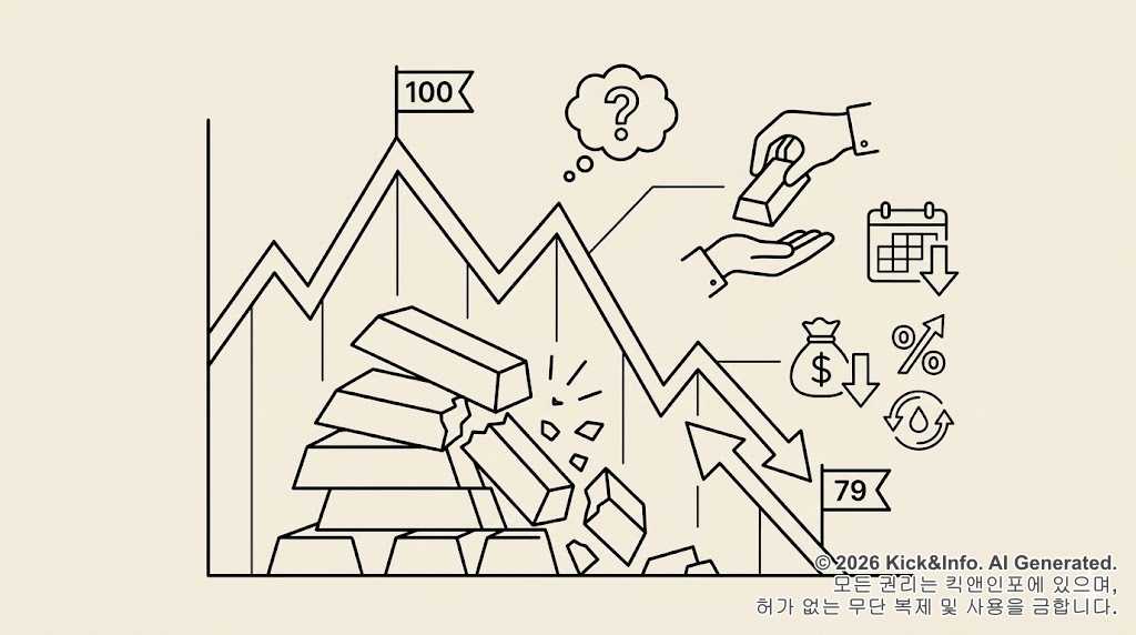 금값이 100만 원에서 79만 원으로 하락하는 추세를 나타내는 차트와 금괴, 금리 및 달러 등 경제 지표 아이콘이 미니멀한 흑백 라인아트로 표현된 일러스트