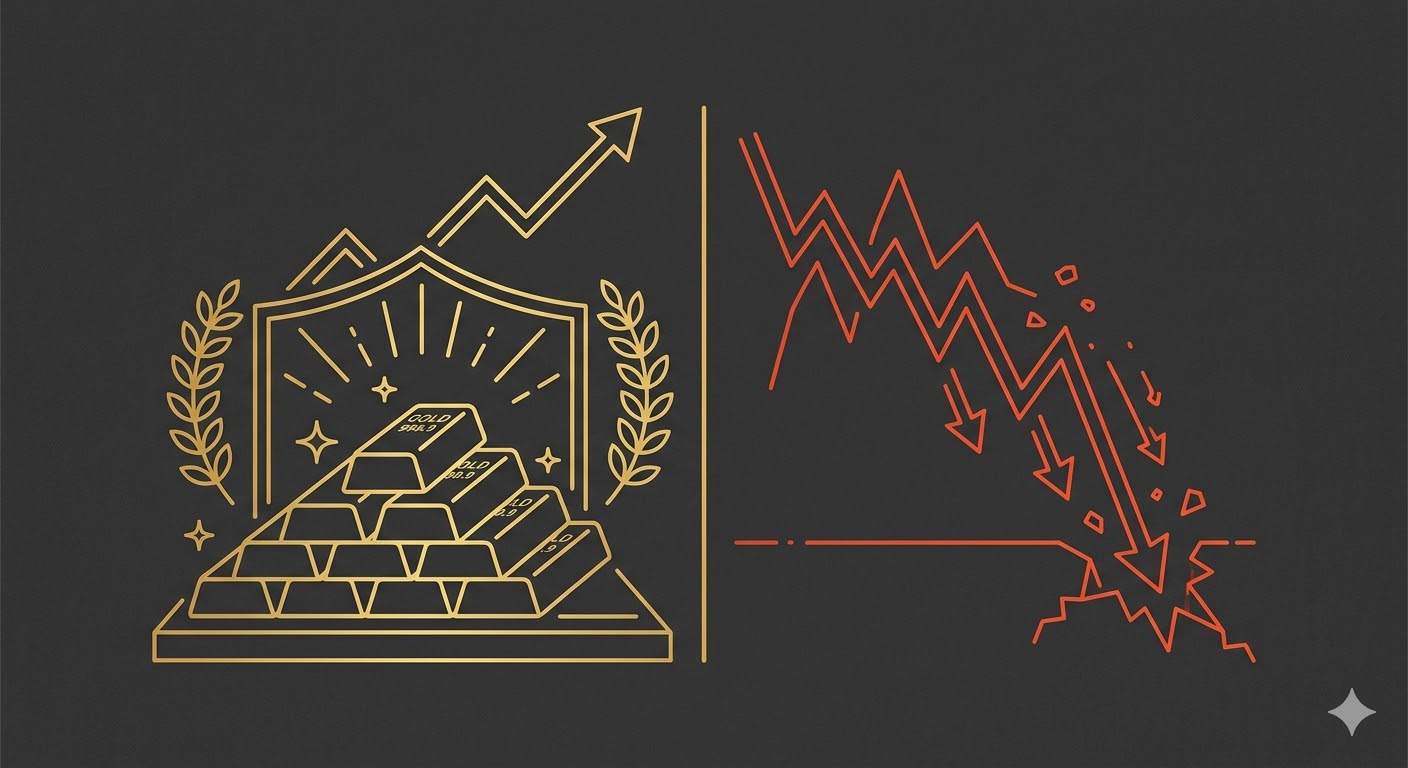 경제 위기 시 금 가격 상승과 안전자산 선호 라인아트 일러스트