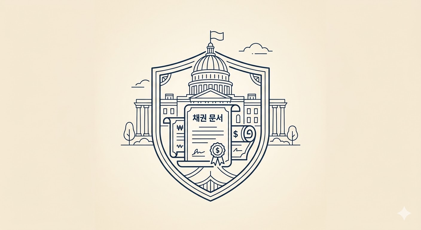 국채 안전자산과 국가 신용 - 방패와 채권 문서 라인아트 일러스트