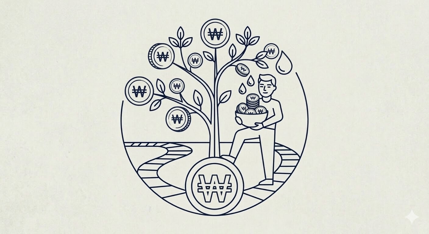 배당주 투자 전략 - 돈나무에서 수확하는 사람 라인아트 일러스트