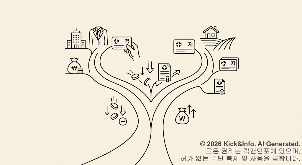 건강보험료 직장가입자와 지역가입자 절감 전략을 설명하는 분기점 구도의 미니멀 라인아트 일러스트