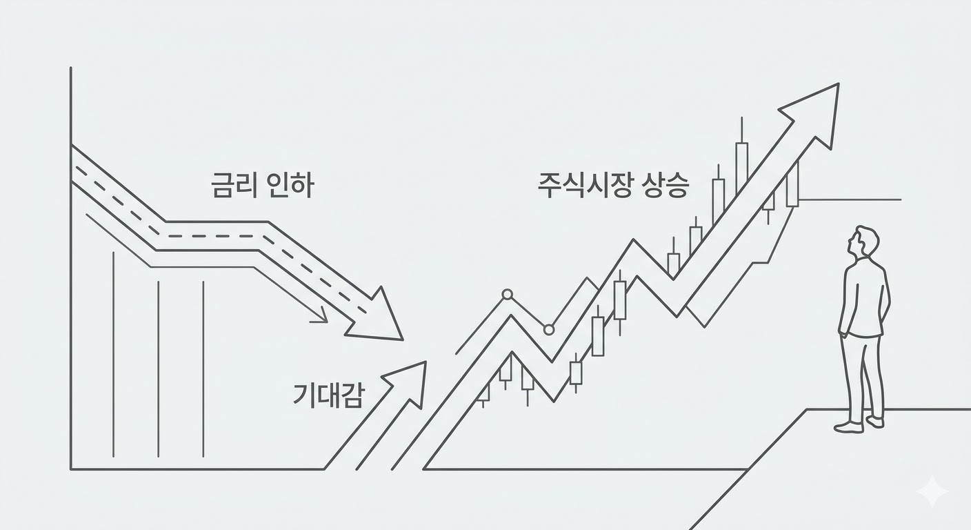 금리 인하 기대감과 주식시장 상승 관계 라인아트 일러스트