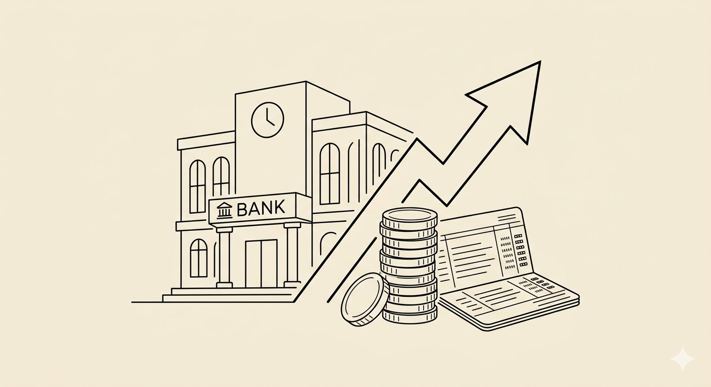 금리 인상과 예금 금리 반영 과정 - 은행 건물과 통장 라인아트 일러스트