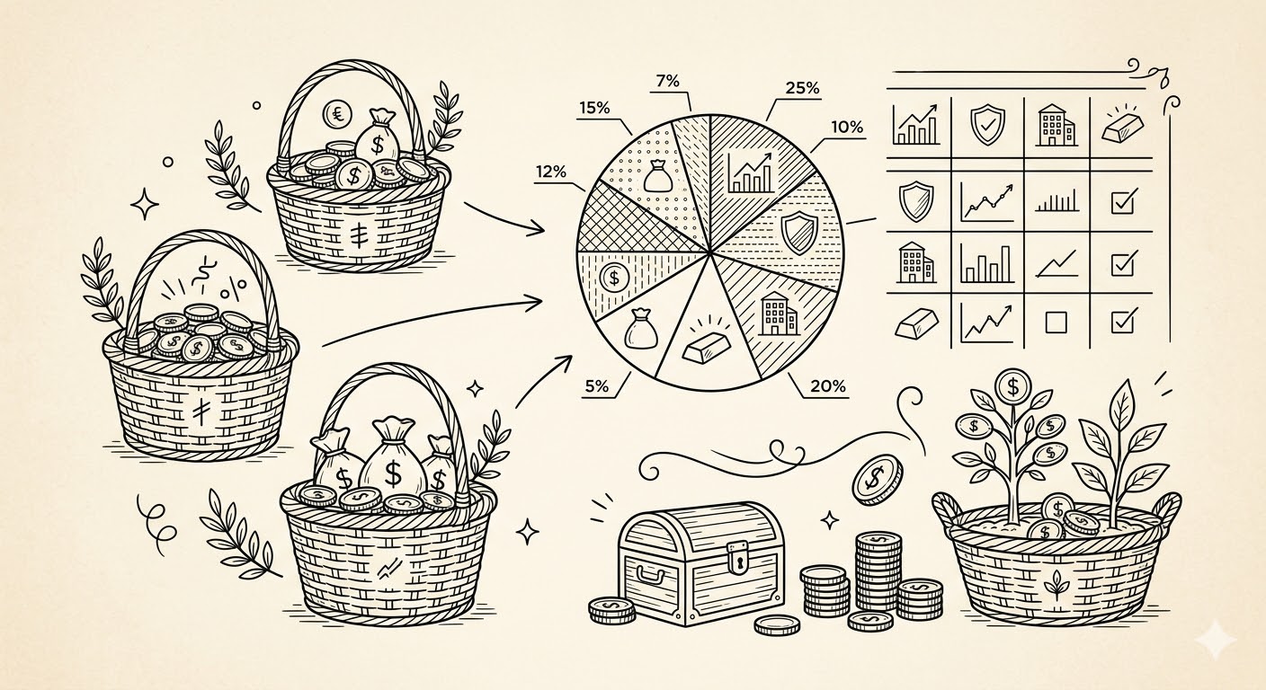 분산 투자 포트폴리오 자산 배분 - 바구니와 파이차트 라인아트 일러스트
