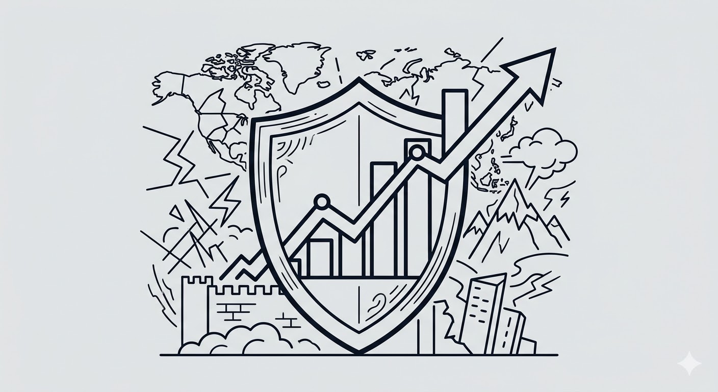 이란 전쟁 리스크와 주식시장 빅테크 강세 - 방패와 상승 차트 라인아트 일러스트