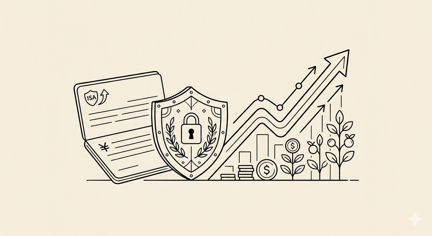 ISA 계좌 세금 혜택과 자산 성장 - 통장과 방패 라인아트 일러스트