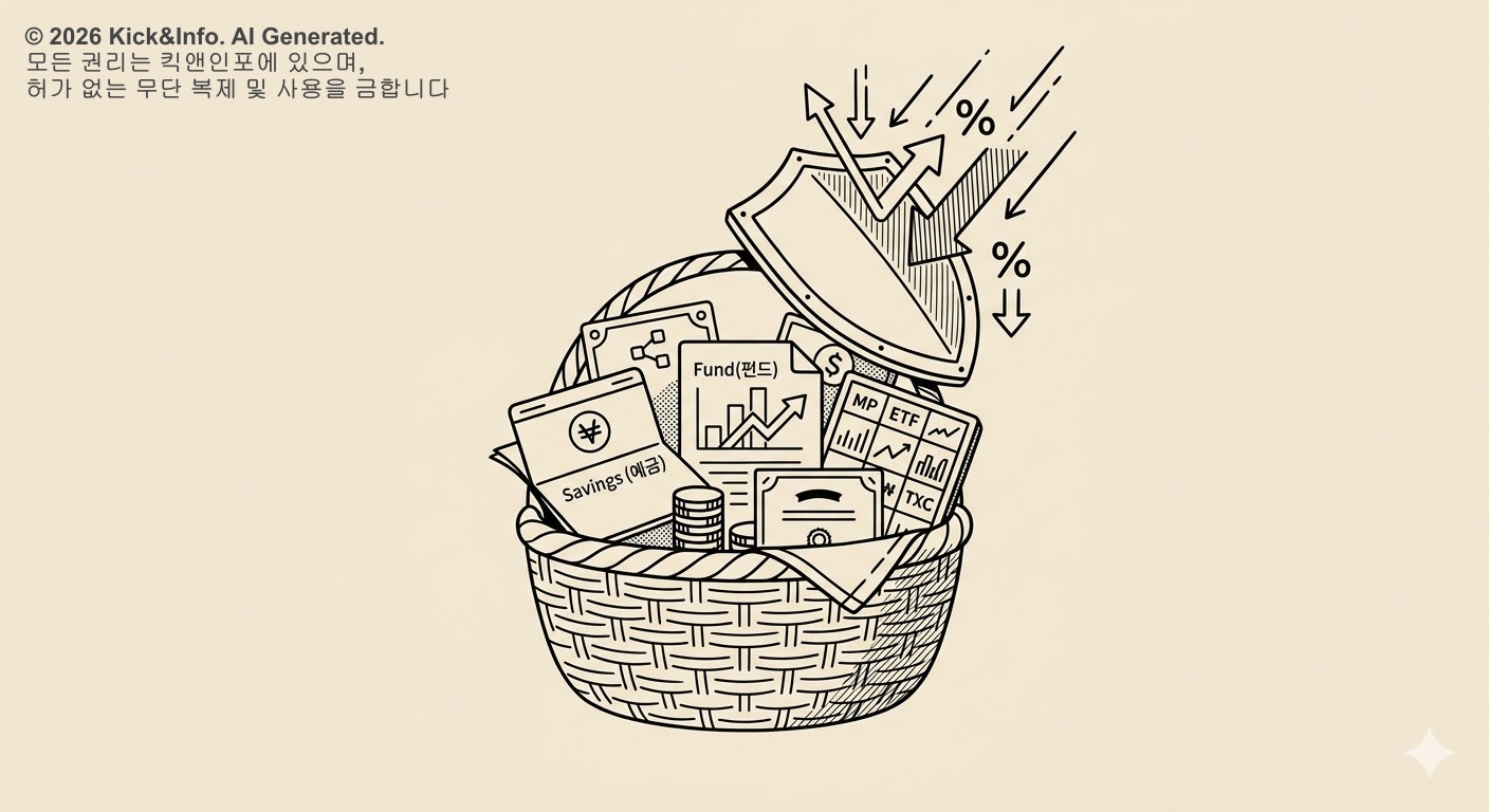 크림 베이지 배경 위에 흑백 라인아트로 그려진 ISA(개인종합자산관리계좌) 절세 구조 일러스트. 하나의 큰 바구니 안에 예금, 펀드, ETF 등 다양한 금융상품 아이콘이 담겨 있고, 위쪽에서 떨어지는 세금(화살표와 % 기호)을 盾(방패)이 단단하게 막아내고 있는 미니멀한 구도입니다.