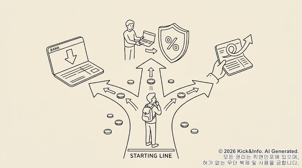 크림 베이지 배경에 흑백 라인아트로 표현된 ISA 만기 전략 일러스트. 한 사람이 세 갈래로 나뉜 화살표 길 앞에 서서 고민하는 모습이며, 각 길은 은행 계좌, 절세 방패, 수익이 상승하는 통장을 상징하는 아이콘으로 연결되어 만기 후 연장, 해지, 이전의 선택지를 시각적으로 나타냄.