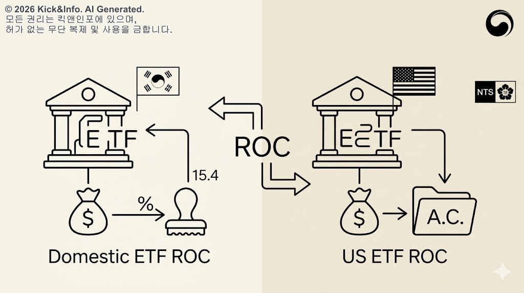 국내 ETF와 미국 ETF의 자본환급(ROC) 세무 처리 차이를 보여주는 일러스트로, 한국의 즉시 과세 방식과 미국의 취득원가 차감 방식을 대비시킨 미니멀한 흑백 라인아트