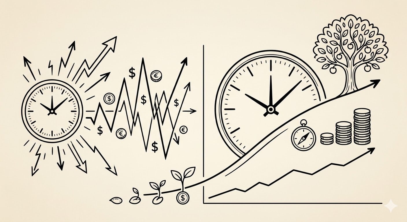 장기 투자와 단기 투자 수익 구조 비교 - 시계와 성장 차트 라인아트 일러스트