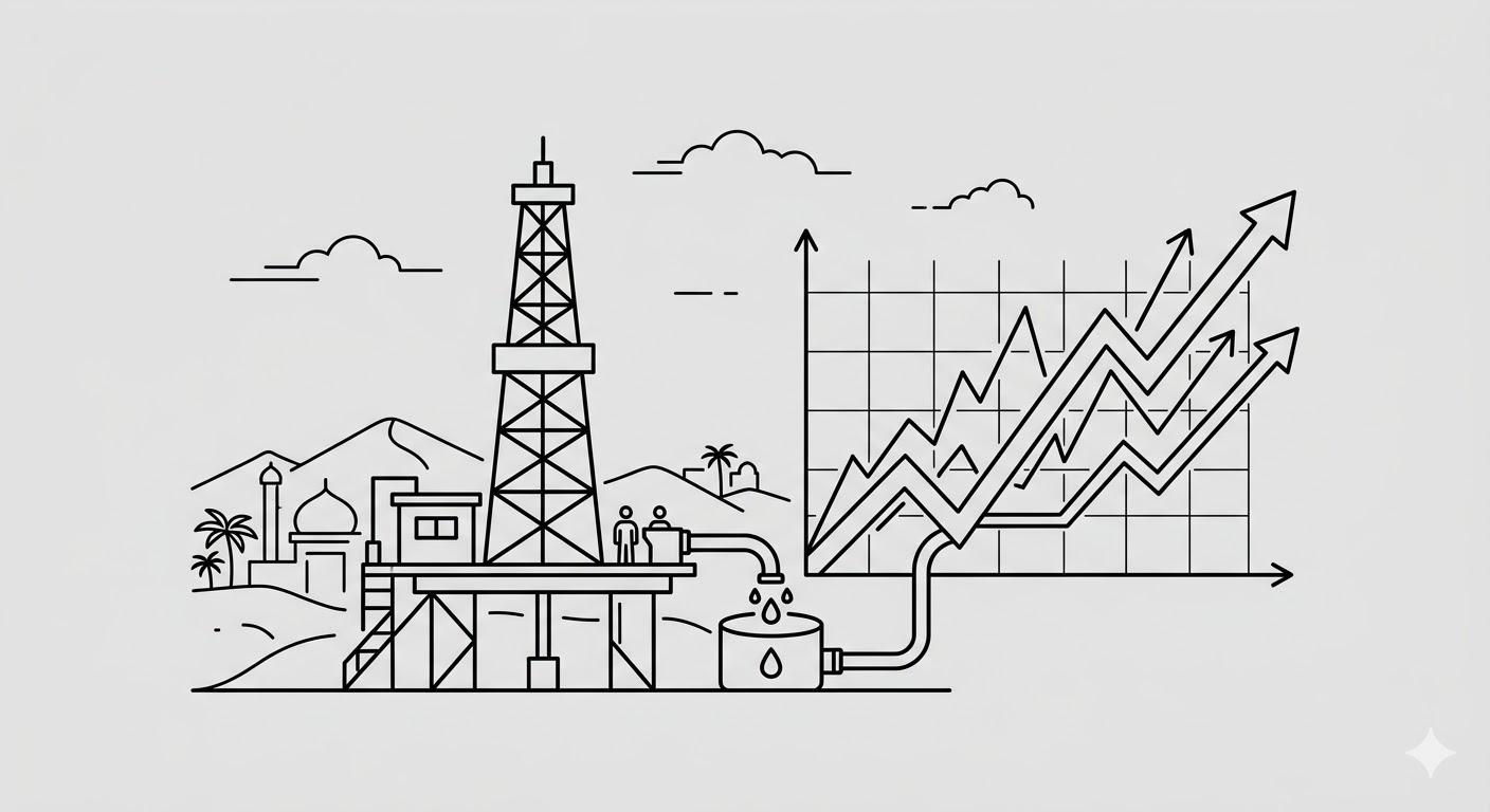 중동 지정학 리스크와 유가 급등 - 석유 시추탑과 상승 차트 라인아트 일러스트