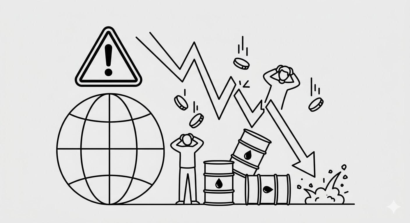 중동 전쟁 리스크와 나스닥 급락 - 지구본과 하락 차트 라인아트 일러스트