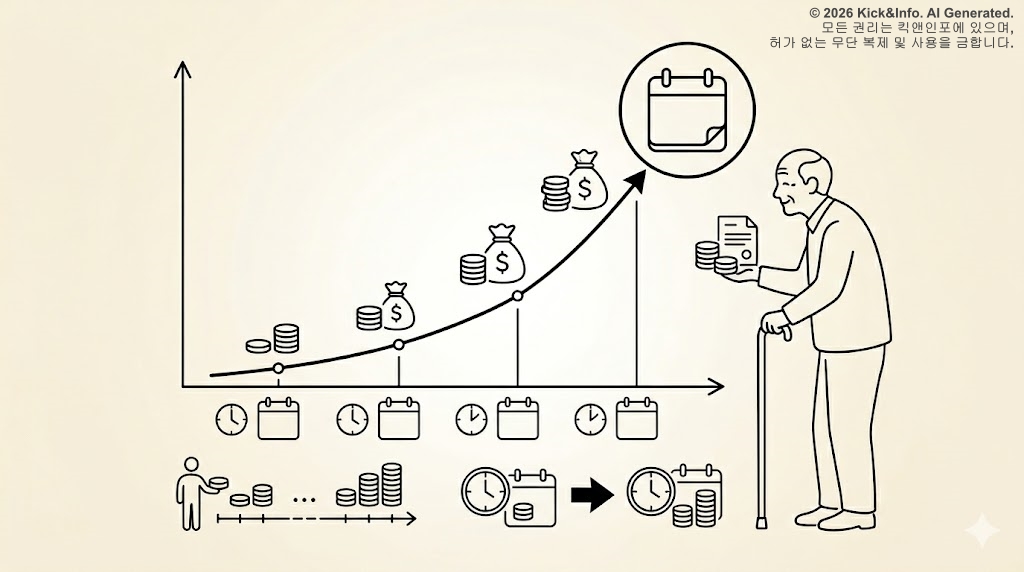 시간이 지날수록 국민연금 수령액이 증가하는 우상향 그래프와 달력, 그리고 노후에 연금을 안정적으로 받는 어르신의 모습을 깔끔하게 표현한 미니멀 라인아트 일러스트