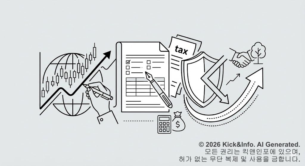 해외 주식 차트와 세금 신고서, 그리고 세금 부담을 막아주는 방패와 절세를 상징하는 화살표가 조화롭게 배치된 미니멀한 흑백 라인아트 일러스트