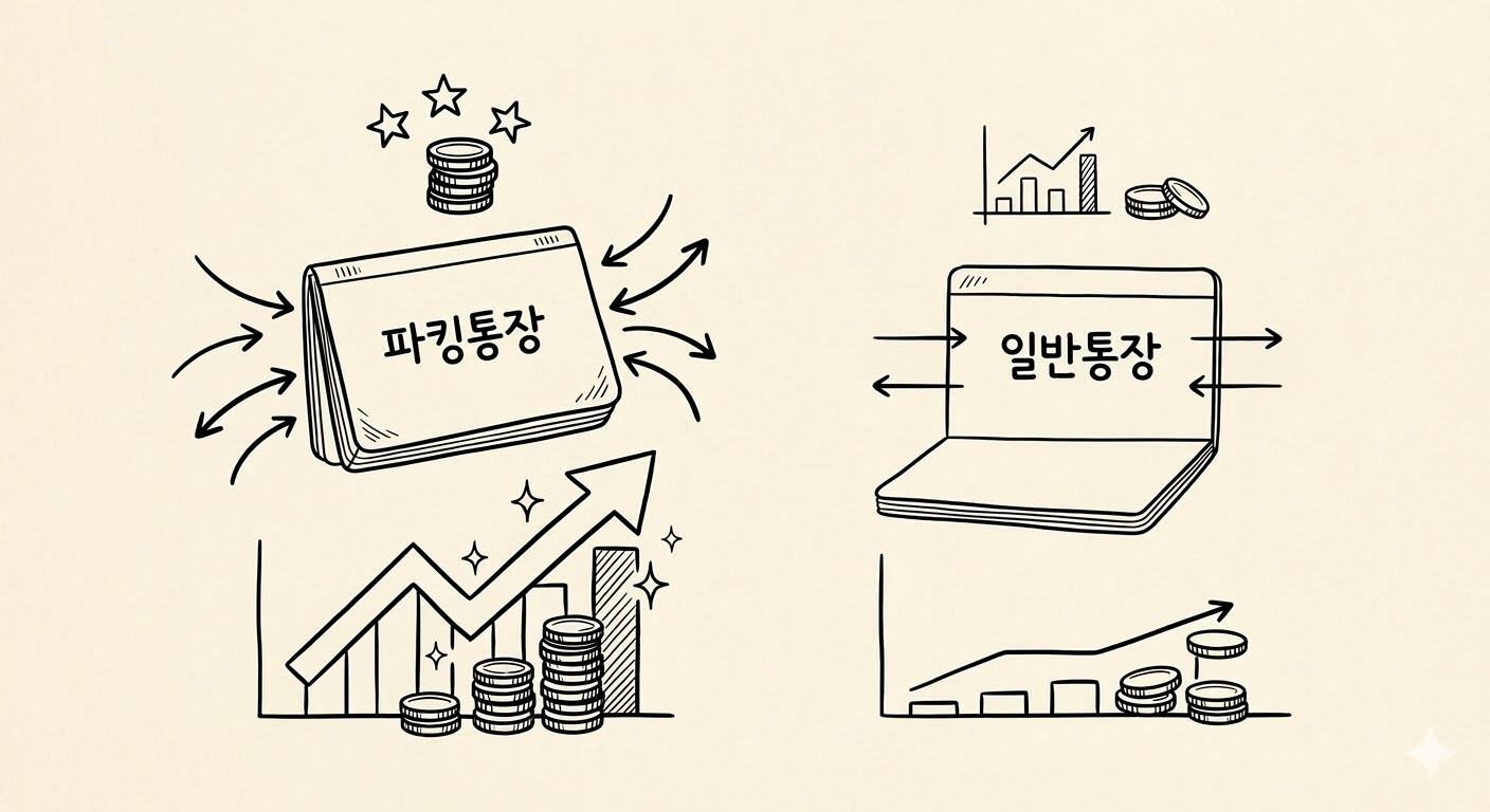 "크림 베이지 배경 위에 흑백 라인아트로 그려진 두 개의 통장 비교 일러스트. 왼쪽에는 '파킹통장'이라는 글자와 함께 높은 이자 수익을 상징하는 가파른 상승 곡선 그래프, 별 모양, 그리고 쌓여있는 동전들이 묘사되어 있습니다. 오른쪽에는 '일반통장'이라는 글자와 상대적으로 완만한 상승 곡선, 적은 양의 동전이 그려져 있습니다. 두 통장 주변에는 자유로운 입출금을 의미하는 곡선 화살표들이 배치되어 두 상품의 차이를 직관적으로 보여줍니다."