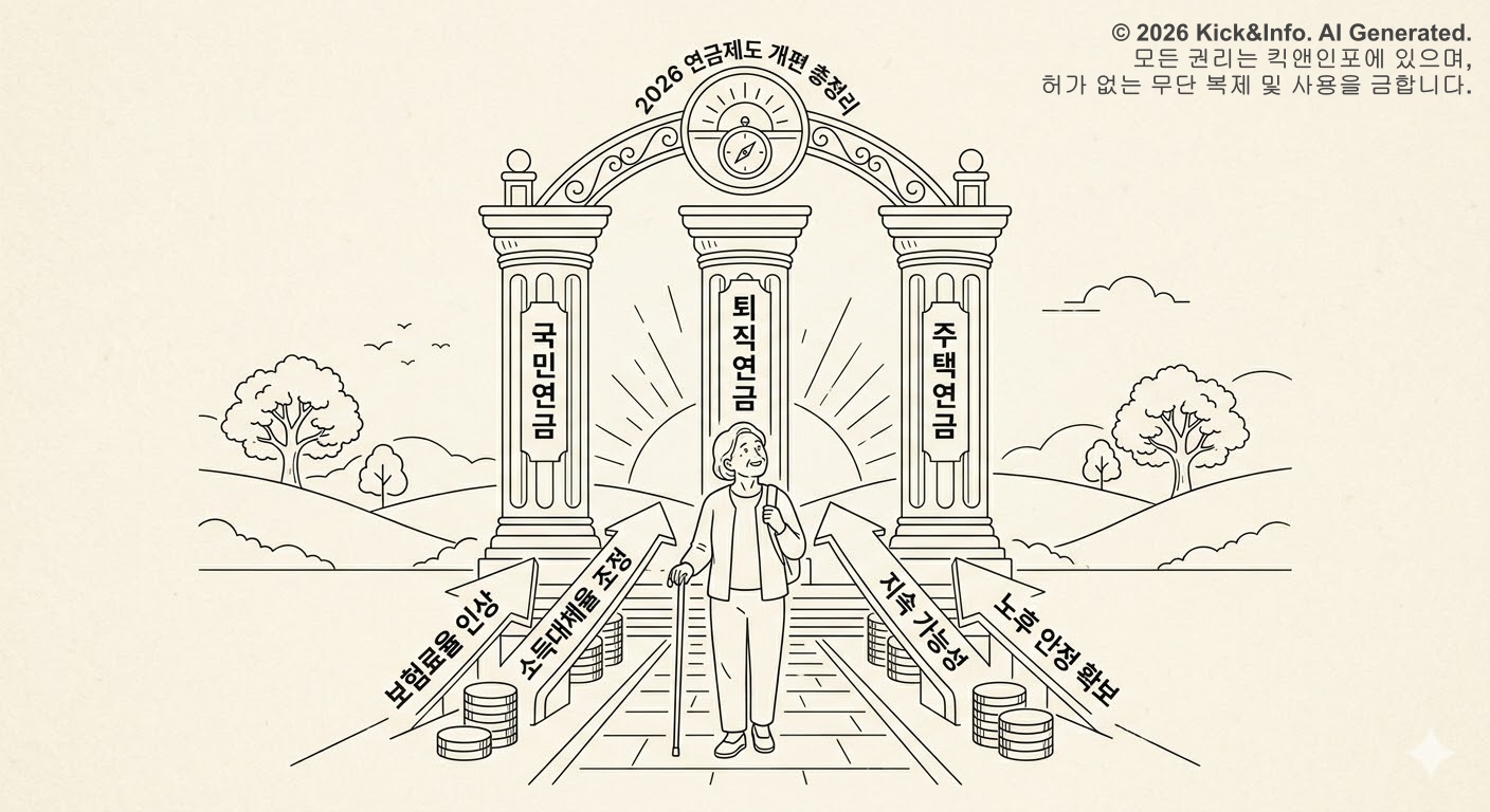 2026 연금제도 개편 내용을 상징적으로 표현한 라인아트 일러스트레이션. '국민연금', '퇴직연금', '주택연금'이라고 적힌 세 개의 웅장한 기둥으로 장식된 아치 아래, 은퇴를 준비하는 노인이 희망찬 표정으로 서 있다. 아치 위에는 '2026 연금제도 개편 총정리'라는 제목이 있으며, 기둥 아래에는 '보험료율 인상', '소득대체율 조정', '지속 가능성', '노후 안정 확보' 등 제도 변화와 관련된 문구가 적힌 화살표와 동전 더미가 있어 시간이 흐름에 따라 연금 자산이 쌓이는 것을 시각적으로 표현했다. 크림 베이지 배경에 검은색 선으로만 구성된 미니멀한 스타일의 삽화이다.