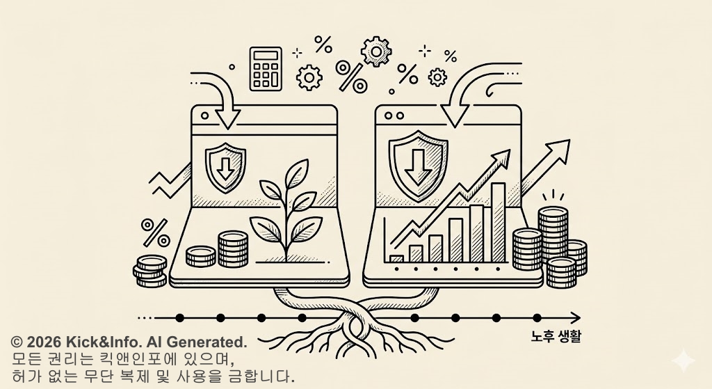 연금저축과 IRP를 상징하는 두 개의 통장 형태 위에 절세 방패와 자산 성장 그래프, 동전 더미가 그려진 크림 베이지 배경의 미니멀 흑백 라인아트 일러스트.