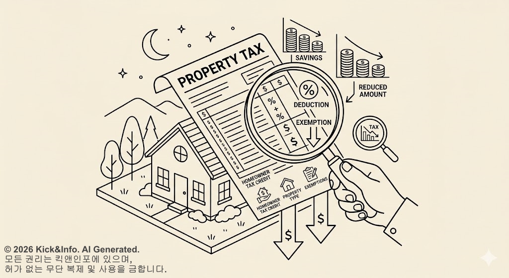 집과 토지 위에 놓인 재산세 고지서를 돋보기로 확대하여 절세 및 감면 항목을 꼼꼼히 확인하고 세금 부담을 줄이는 방법을 시각화한 미니멀 라인아트 일러스트레이션입니다.