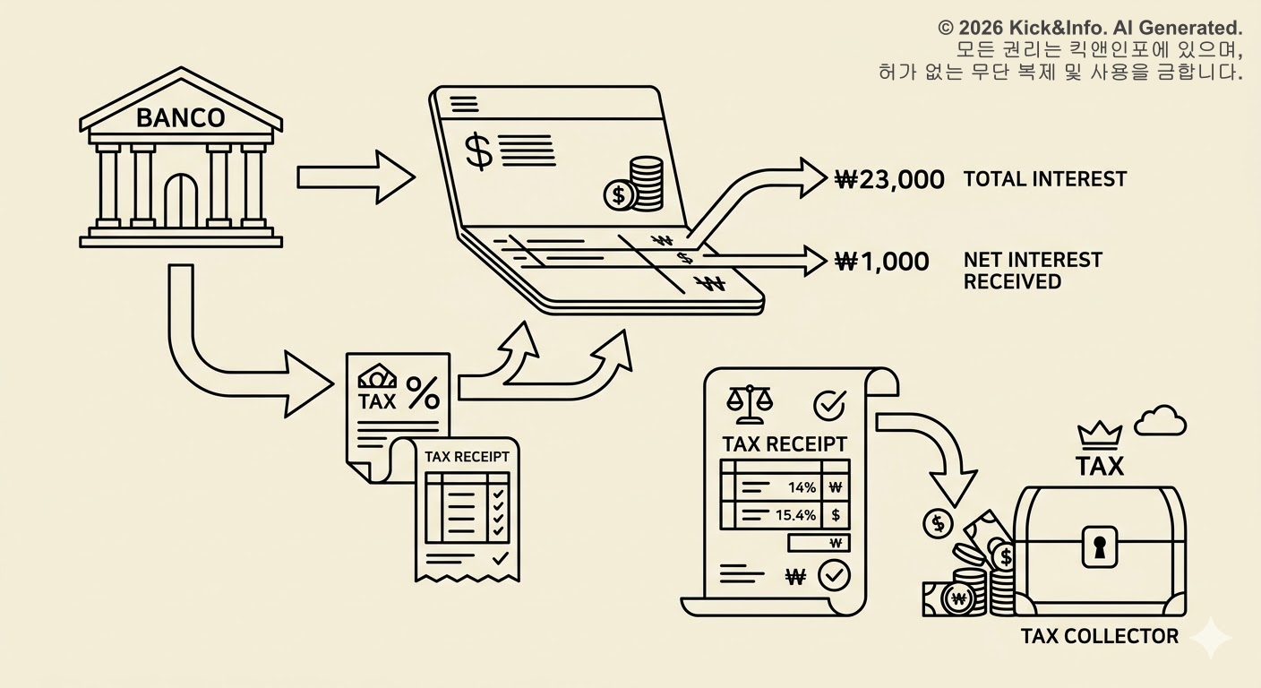 은행에서 발생한 예적금 이자가 통장에 입금되기 전, 국가로 세금이 먼저 차감되고 남은 금액이 들어오는 과정을 보여주는 미니멀한 흑백 라인아트 일러스트