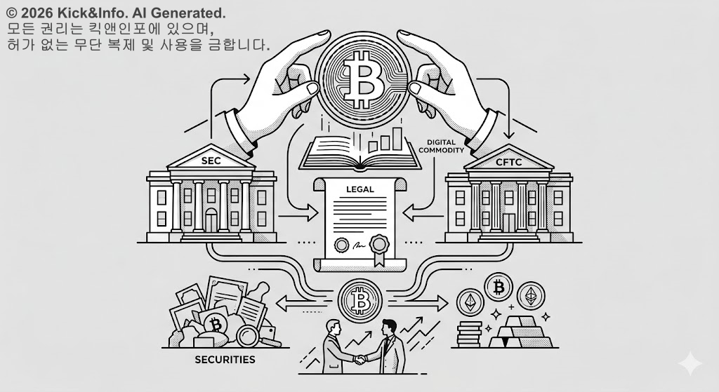 미국 SEC와 CFTC 규제 기관 건물 사이에서 비트코인 심볼이 디지털 상품으로 분류되는 과정을 시각화한 미니멀한 흑백 라인아트 일러스트. 중앙에는 공식 문서와 승인을 상징하는 요소들이 배치되어 제도권 편입의 의미를 담고 있습니다.