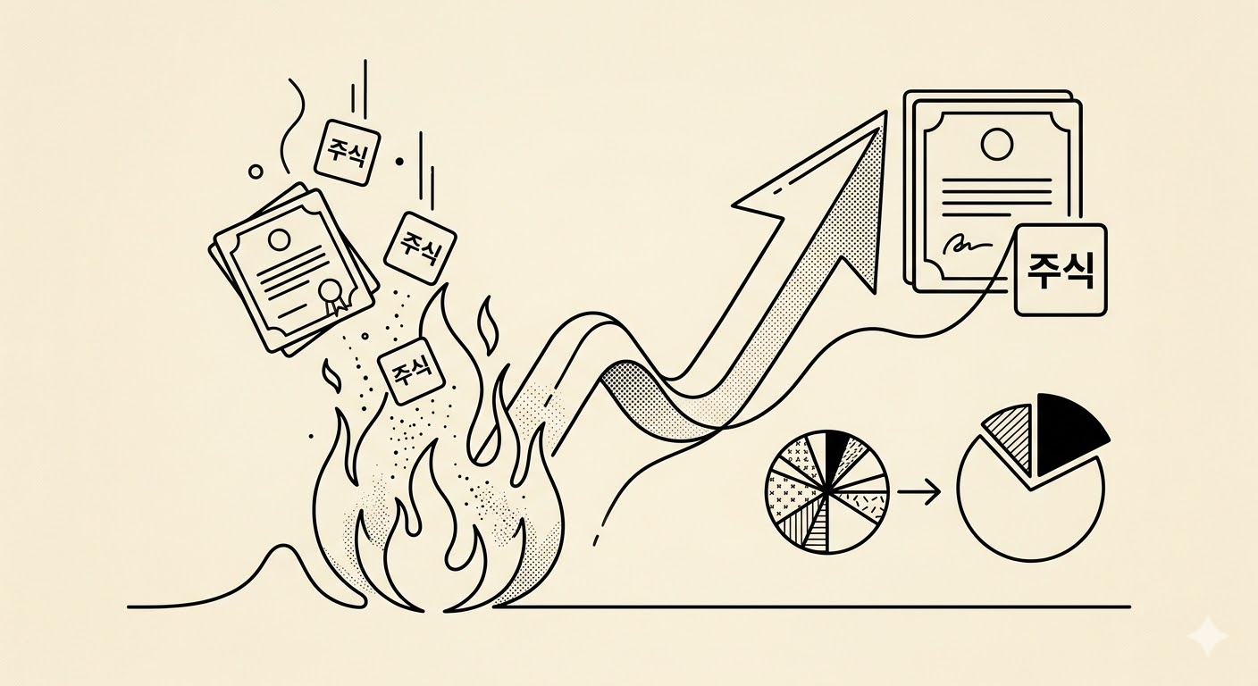 자사주 소각을 통해 주식 증서가 불꽃 속에서 사라지고, 남아 있는 주식의 가치가 상승하는 과정을 시각적으로 표현한 미니멀 Monochrome 라인 아트 일러스트레이션입니다. 줄어드는 주식 수와 대비되어 더 커진 파이 조각이 주당 가치 상승을 명확하게 보여줍니다.