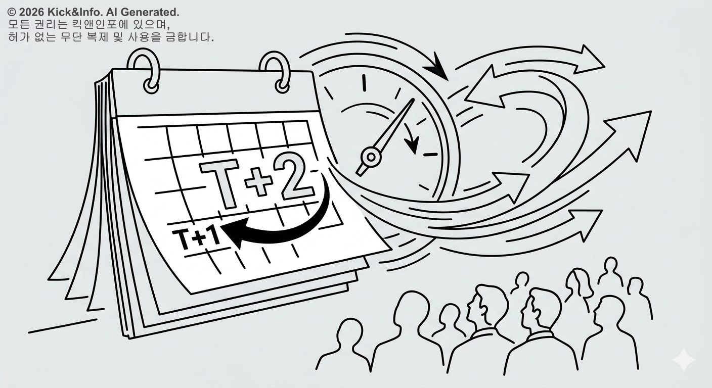 주식 결제 주기가 T+2에서 T+1로 단축되는 과정을 형상화한 미니멀 라인아트 일러스트입니다. 달력의 날짜가 앞당겨지는 모습과 함께 빠르게 회전하는 시계, 자금의 선순환을 상징하는 화살표들을 라이트그레이 배경에 흑백 스타일로 표현했습니다.