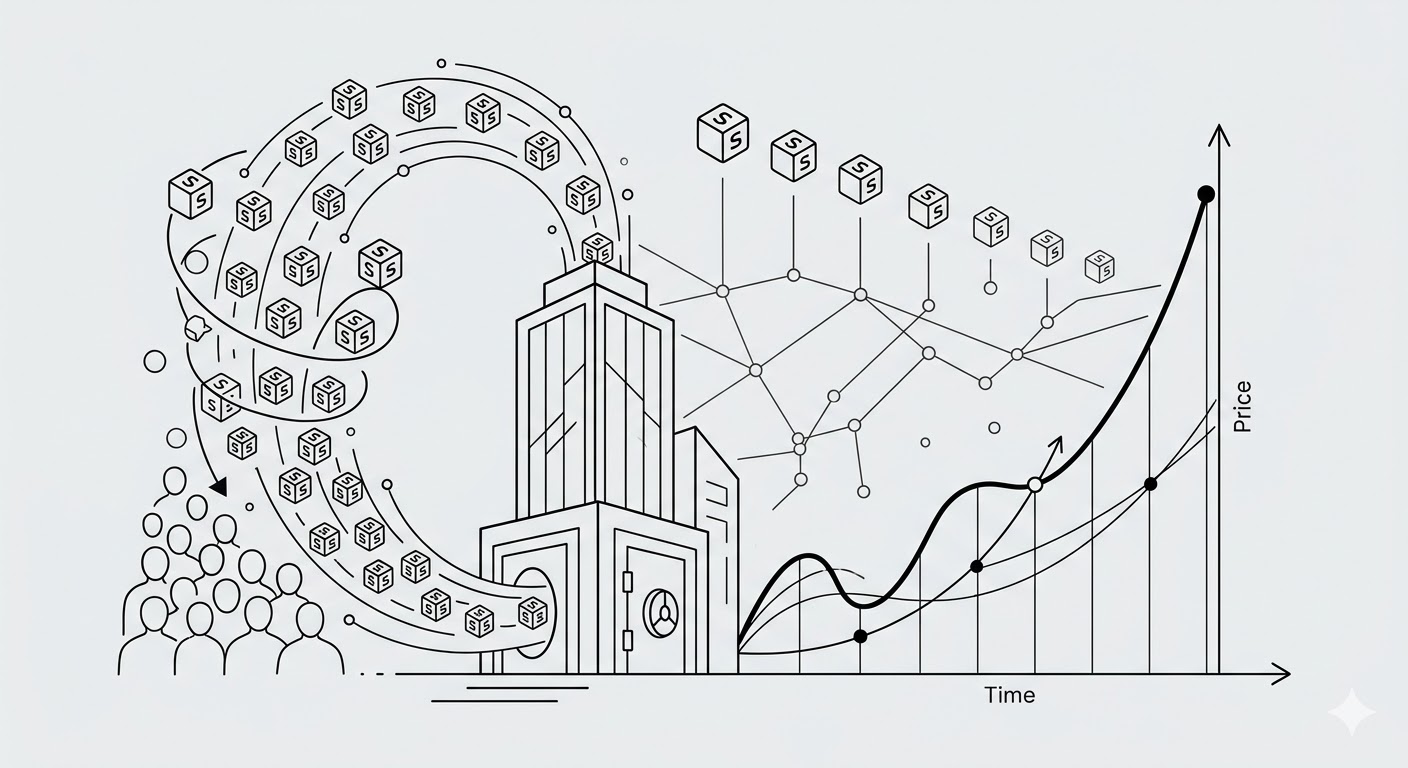 기업이 시장의 주식을 금고로 거둬들이는 모습과 함께 주가가 우상향하는 그래프를 표현한 미니멀 흑백 라인아트 일러스트