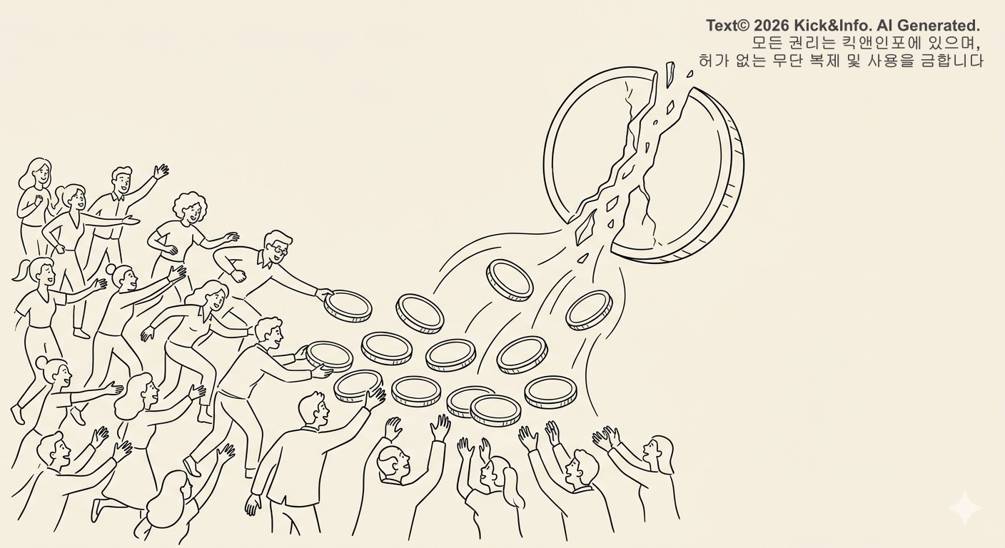 크림 베이지 배경의 흑백 미니멀 라인아트 일러스트. 액면분할의 개념을 시각화하여, 하나의 큰 동전이 여러 개의 작은 동전으로 나뉘는 모습을 중심으로 보여줍니다. 낮아진 가격에 대한 투자자 심리를 표현하기 위해 수많은 사람들이 몰려들어 작은 동전을 얻으려는 활기차고 역동적인 모습이 그려져 있습니다. 글씨나 브랜드 로고는 없습니다.
