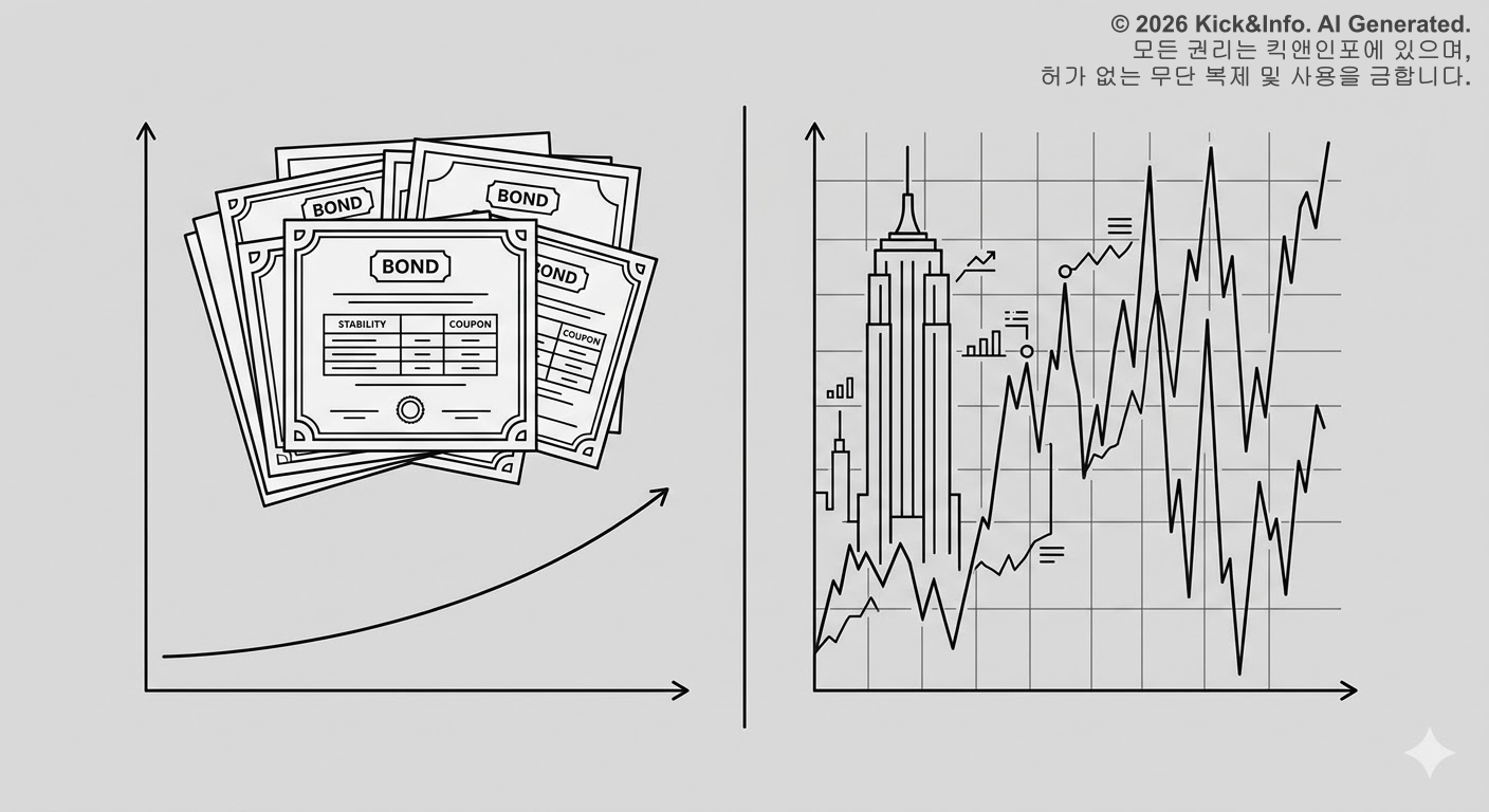 채권형 펀드와 주식형 펀드의 투자 구조를 직관적으로 비교하는 미니멀 흑백 라인아트 일러스트입니다. 이미지는 중앙 수직선을 기준으로 둘로 나뉩니다. 왼쪽은 채권형 펀드를 상징하며, 'BOND', 'STABILITY', 'COUPON'이라고 적힌 채권 문서 더미 아래로 완만하고 안정적으로 상승하는 곡선 그래프가 그려져 있습니다. 오른쪽은 주식형 펀드를 상징하며, 고층 빌딩과 함께 변동성이 크고 뾰족하게 오르내리는 주식 차트 그래프가 역동적으로 표현되어 두 자산의 상반된 특징을 대조하여 보여줍니다. 전체적으로 라이트그레이 배경에 깔끔하고 세련된 선으로 구성되어 있습니다.