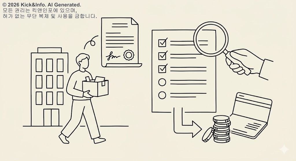 직장을 떠나는 사람과 고용보험 서류, 수급 조건 체크리스트, 지원금 요소를 간결한 흑백 라인아트로 표현한 미니멀 일러스트