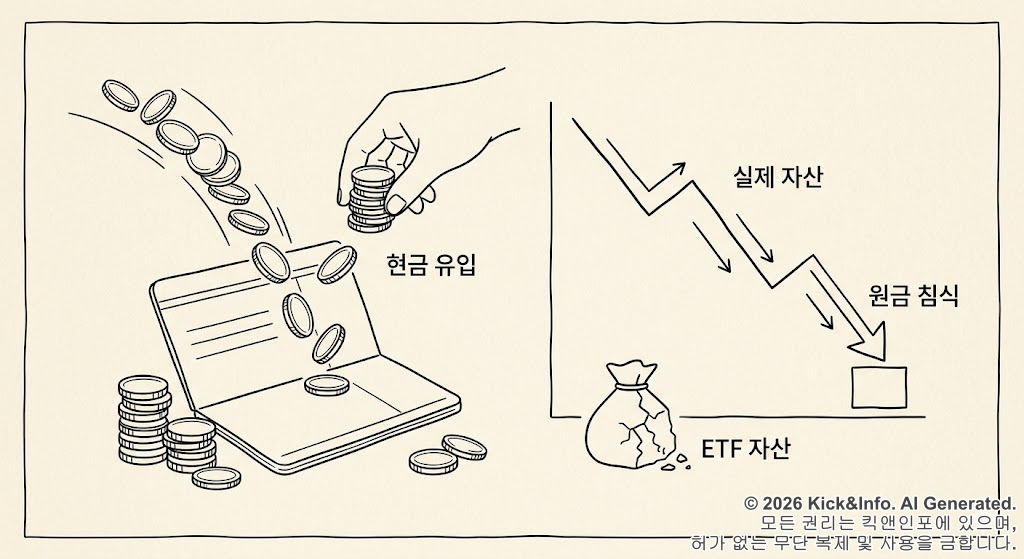 미국 ETF 분배금 지급으로 현금은 유입되지만 실제 자산 가치와 NAV가 하락하며 원금 침식이 발생하는 구조를 형상화한 미니멀 라인아트 일러스트