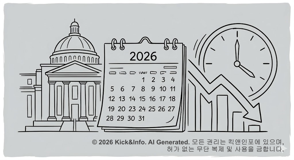 연방준비제도(Fed) 건물을 배경으로 2026년 달력, 시계, 그리고 하락하는 금리 화살표 그래프가 조화롭게 배치된 흑백 미니멀 라인아트 일러스트레이션.